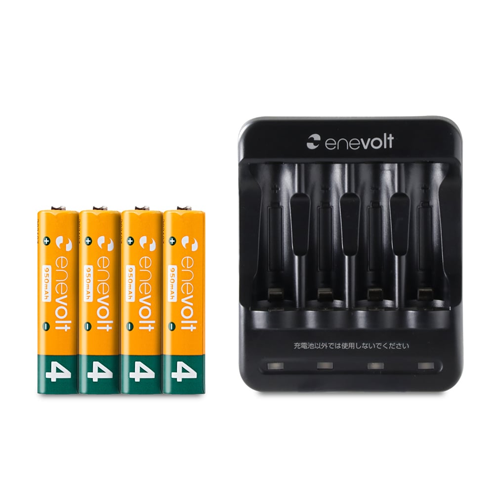 【送料無料】 ニッケル水素充電池 enevolt (エネボルト) 単4形 950mAh 4本 & USB充電器 単3形・単4形専用 4本用 セット