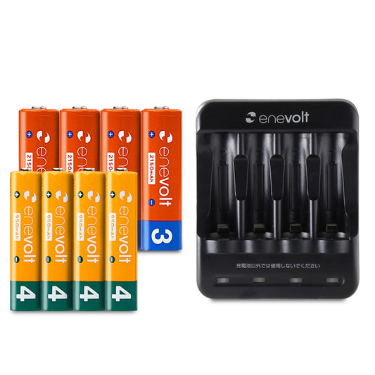 Nickel-metal hydride rechargeable batteries enevolt 4 AA 2150mAh & 4 AAA 950mAh & USB charger set for 4 AA and AAA batteries only