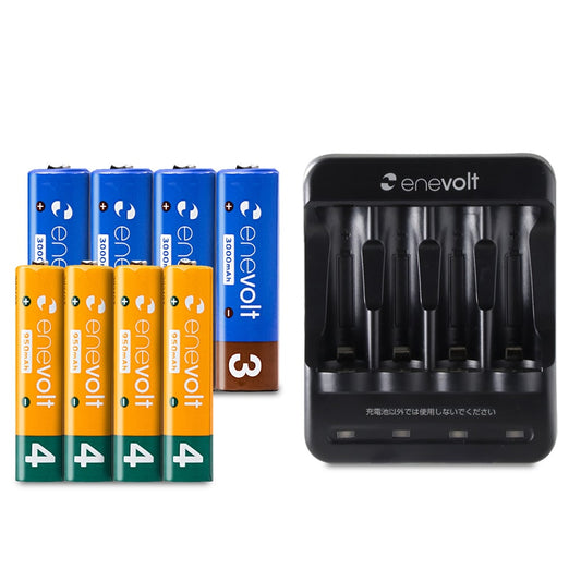 Nickel-metal hydride rechargeable batteries enevolt 4 AA 3000mAh & 4 AAA 950mAh & USB charger set for 4 AA and AAA batteries