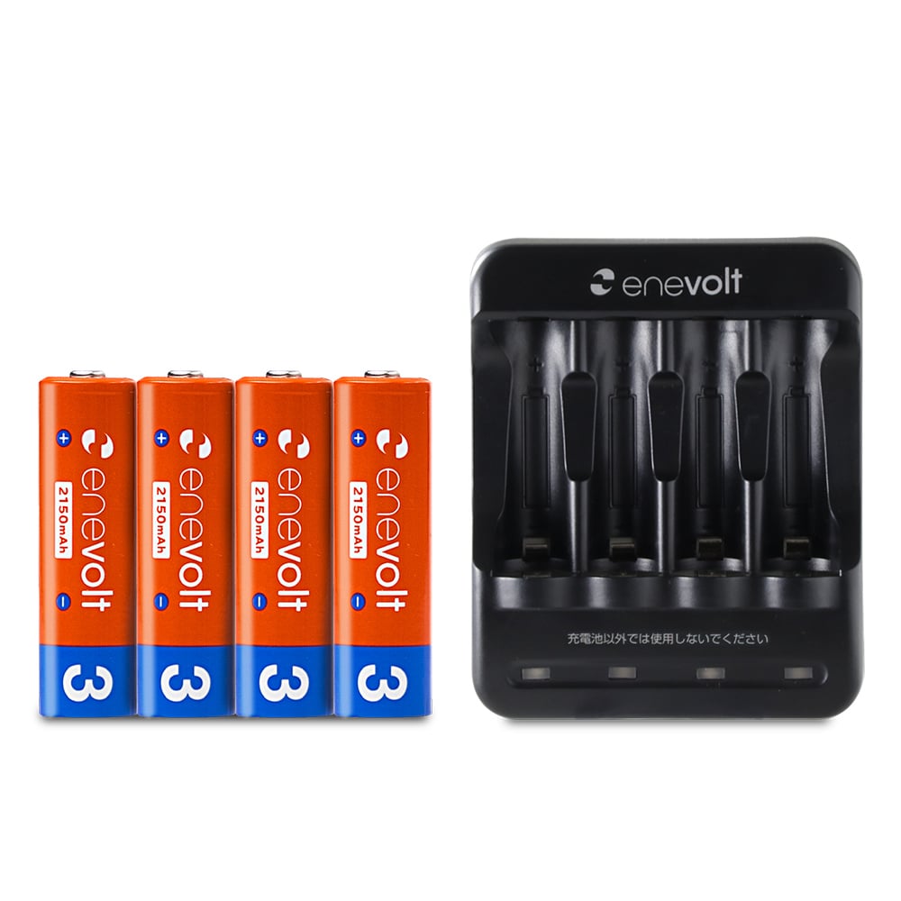 【送料無料】 ニッケル水素充電池 enevolt (エネボルト) 単3形 2150mAh 4本 & USB充電器 単3形・単4形専用 4本用 セット