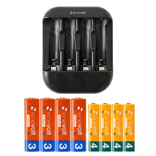 【送料無料】 ニッケル水素充電池 enevolt （エネボルト） 単3形 2150mAh 4本 & 単4形 950mAh 4本 & USB充電器 単3形・単4形専用 4本用 セット