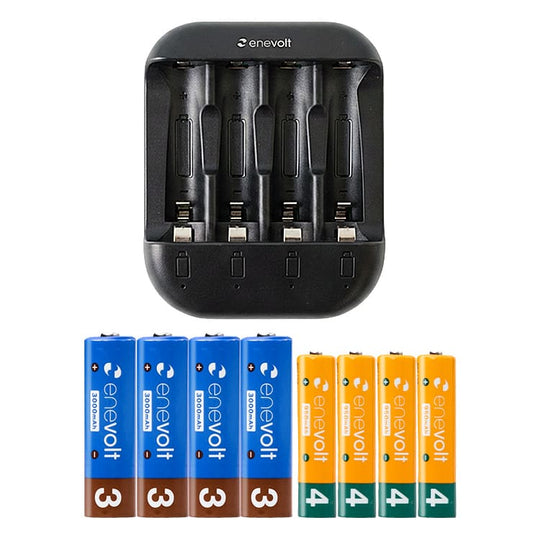 【送料無料】 ニッケル水素充電池 enevolt （エネボルト） 単3形 3000mAh 4本 & 単4形 950mAh 4本 & USB充電器 単3形・単4形専用 4本用 セット