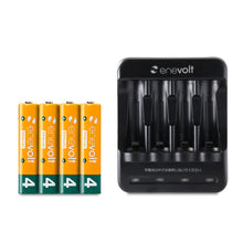 Load image into Gallery viewer, Ni-MH rechargeable batteries enevolt AAA 950mAh 4 pcs &amp; USB charger set for 4 AA and AAA batteries only 
