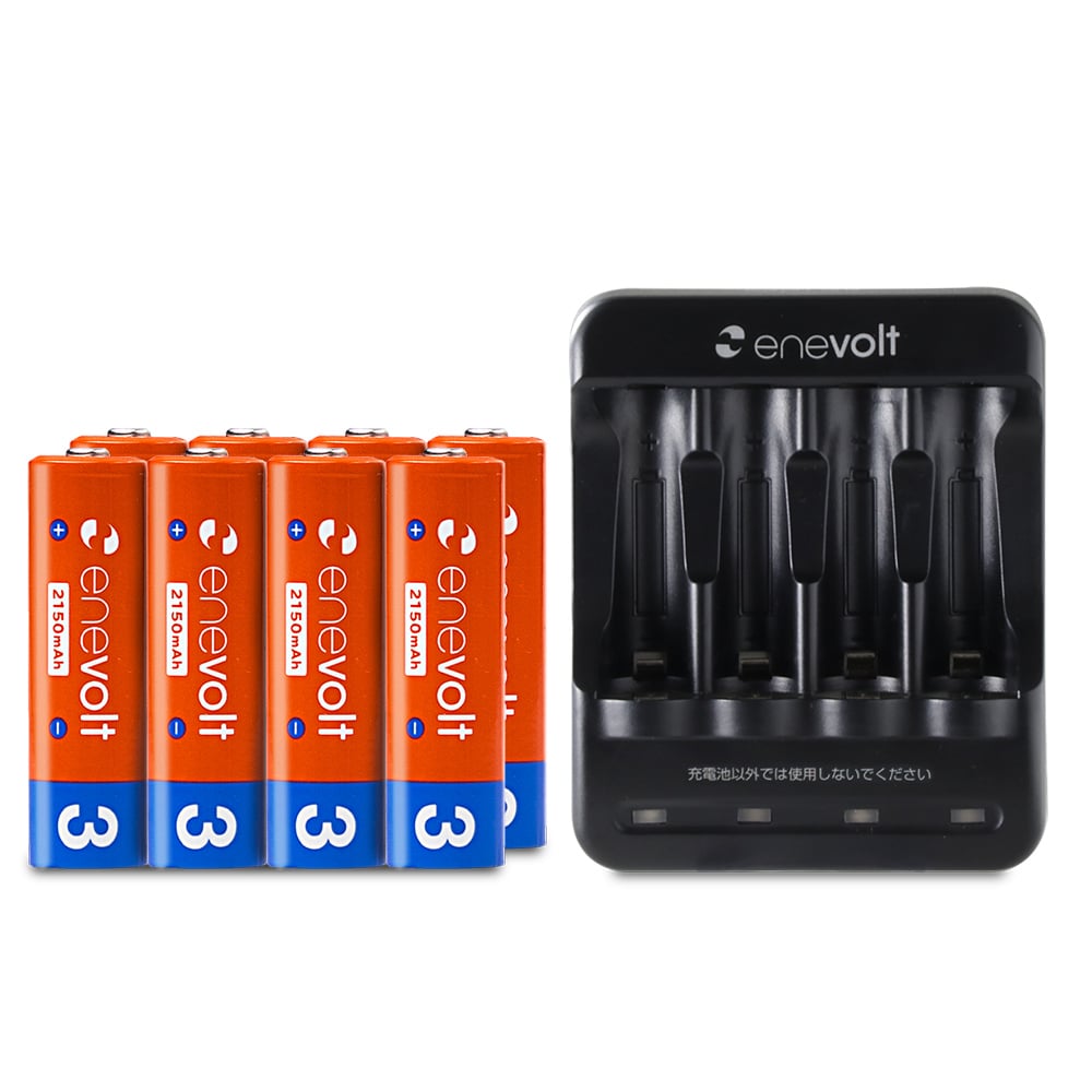 ニッケル水素充電池 enevolt （エネボルト） 単3形 2150mAh 8本 & USB充電器 単3形・単4形専用 4本用 セット