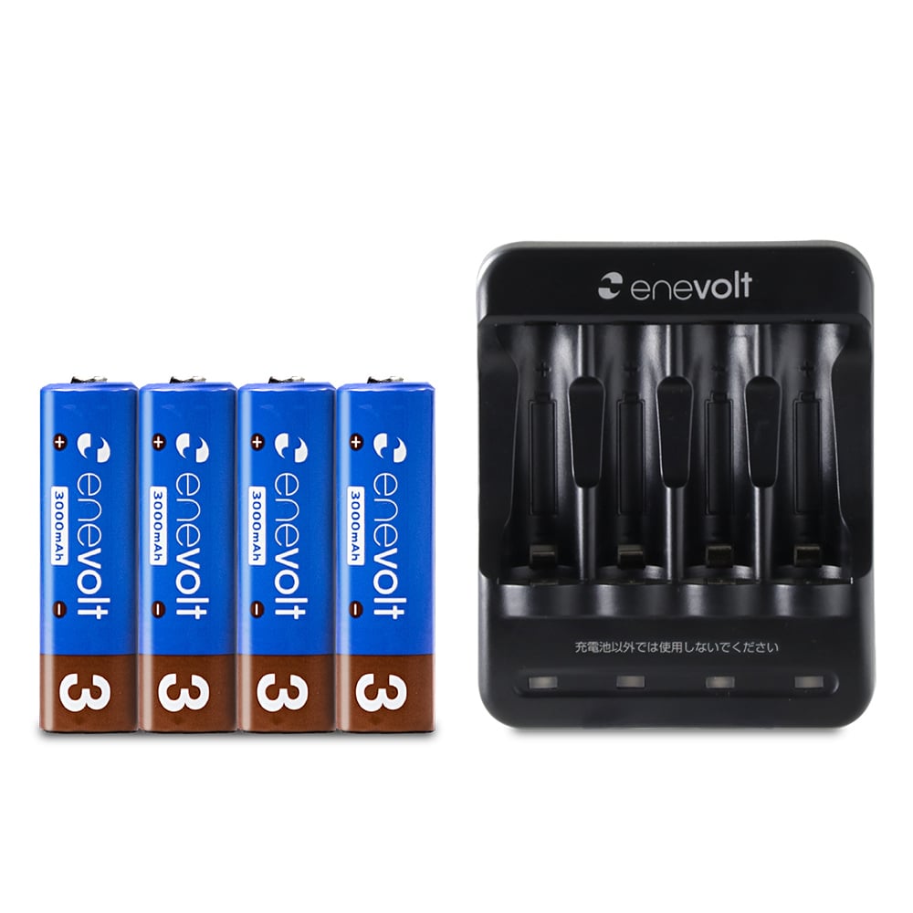 ニッケル水素充電池 enevolt （エネボルト） 単3形 3000mAh 4本 & USB充電器 単3形・単4形専用 4本用 セット