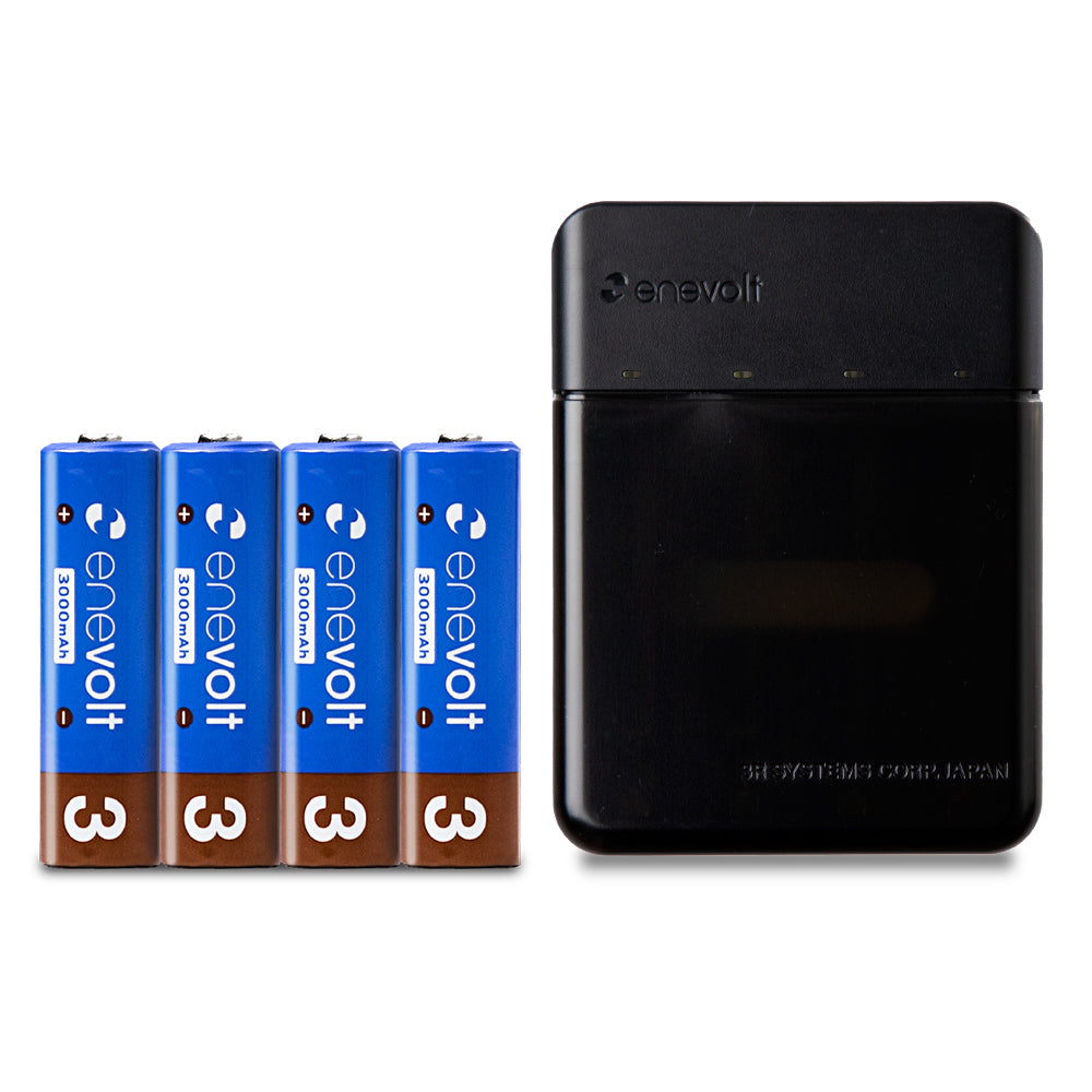 ニッケル水素充電池 enevolt （エネボルト） 単3形 3000mAh 4本 & モバイルバッテリー gosy（ゴーシー） USB充電器 単3形・単4形専用 4本用 セット