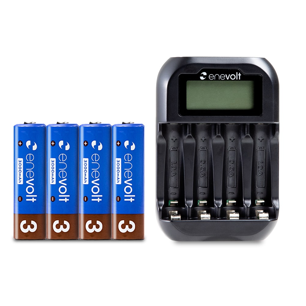ニッケル水素充電池 enevolt （エネボルト） 単3形 3000mAh 4本 & ニッケル水素充電池USB充電器 単3形・単4形専用 4本用 ディスプレイ付き セット