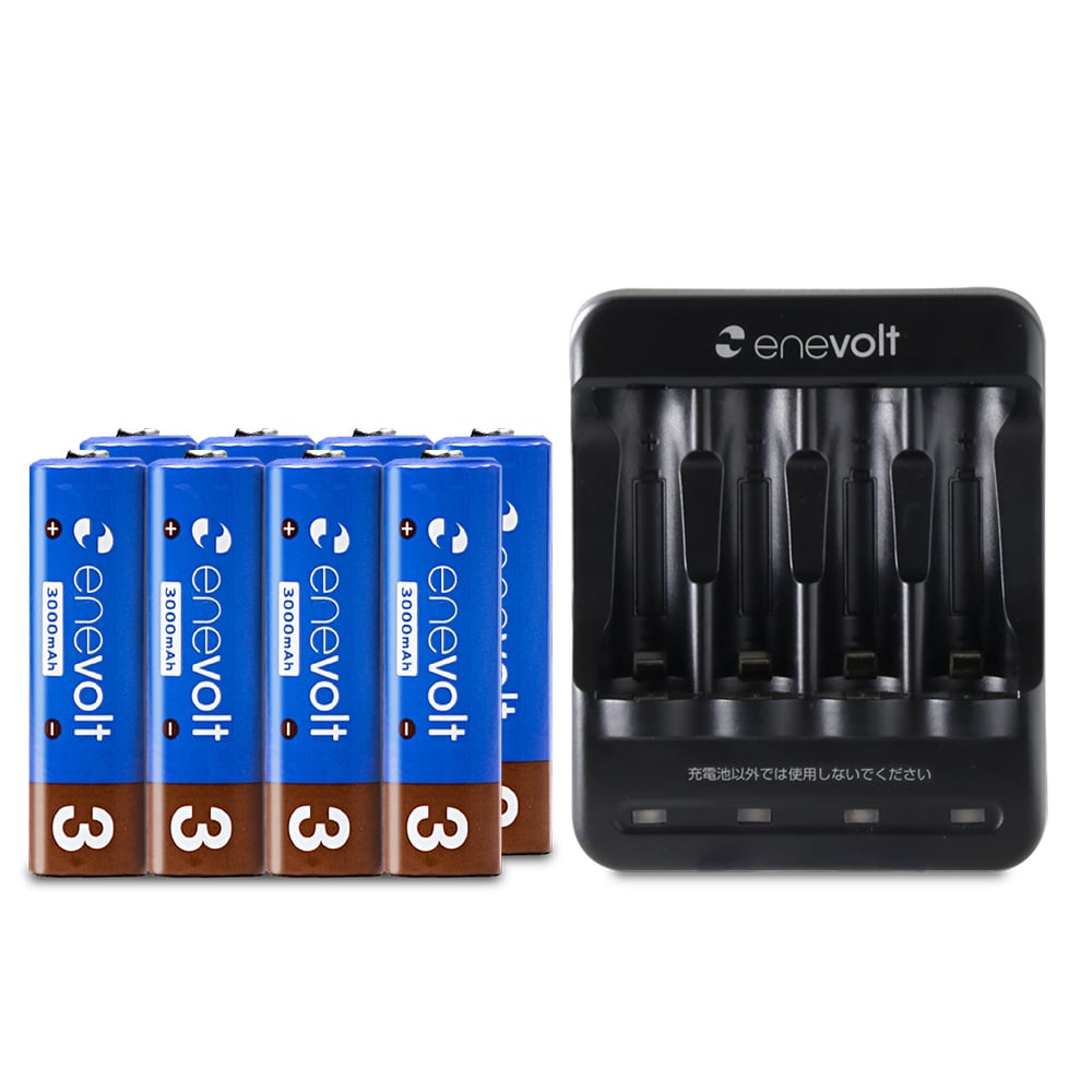 ニッケル水素充電池 enevolt （エネボルト） 単3形 3000mAh 8本 & USB充電器 単3形・単4形専用 4本用 セット