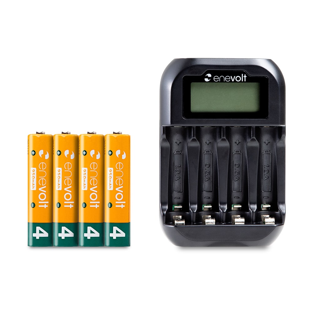 ニッケル水素充電池 enevolt （エネボルト） 単4形 950mAh 4本 & ニッケル水素充電池USB充電器 単3形・単4形専用 4本用 ディスプレイ付き セット