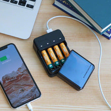 Load image into Gallery viewer, Ni-MH rechargeable batteries enevolt AAA 950mAh 4 pieces &amp; mobile battery gosy USB charger set for 4 AA and AAA batteries only 
